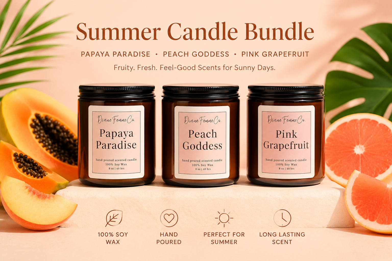 Summer Candle Bundle -  3 100% Soy Wax Candles (8 oz Amber Jar)